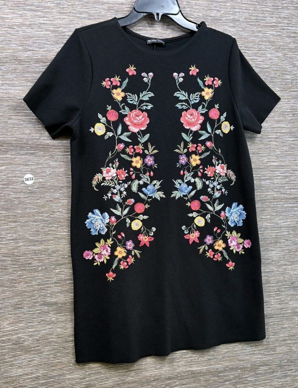 ZARA Trafaluc Women's Size L Black Floral Short Sleeve Shift Mini Shirt Dress